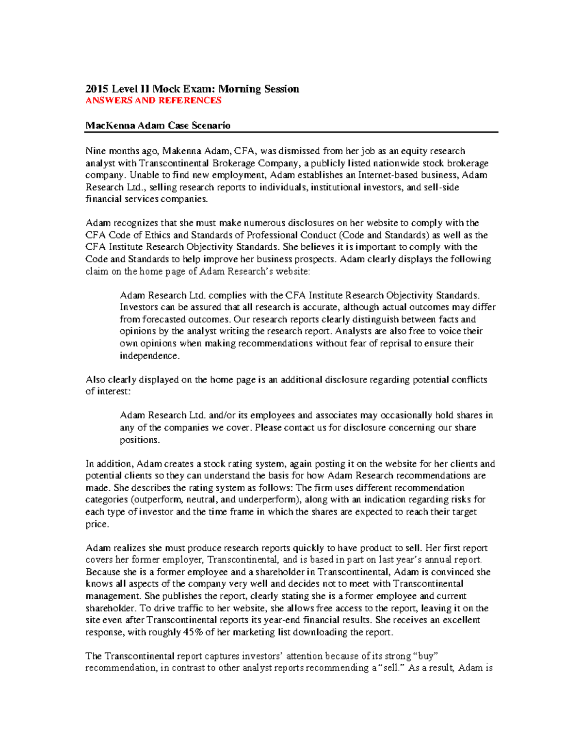 Sample/practice exam 2015, questions and answers - 2015 Level II Mock ...