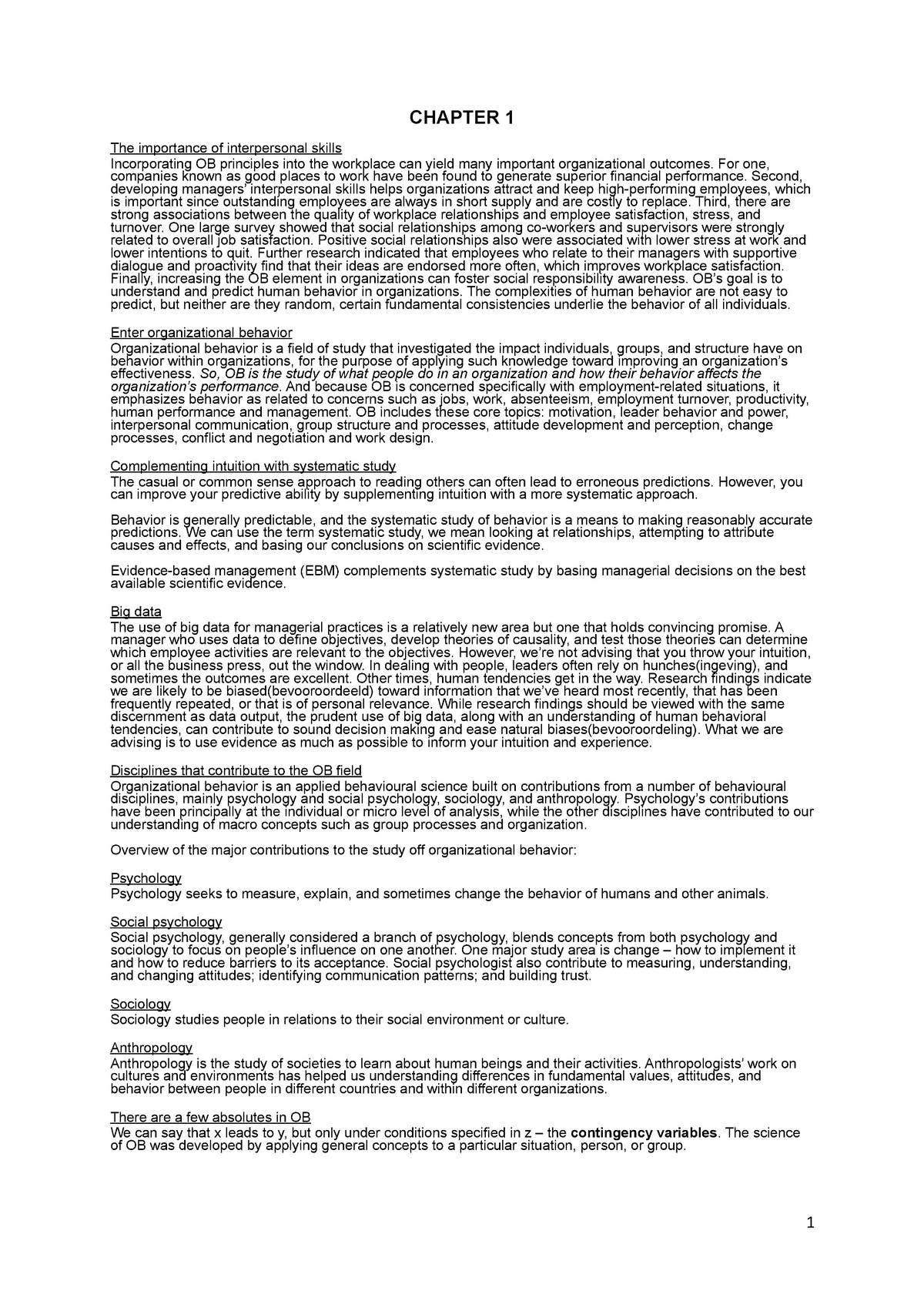 Obm Summary Exam Quarter 1 Chapter 1 The Importance Of Interpersonal Skills Incorporating Ob Studeersnel