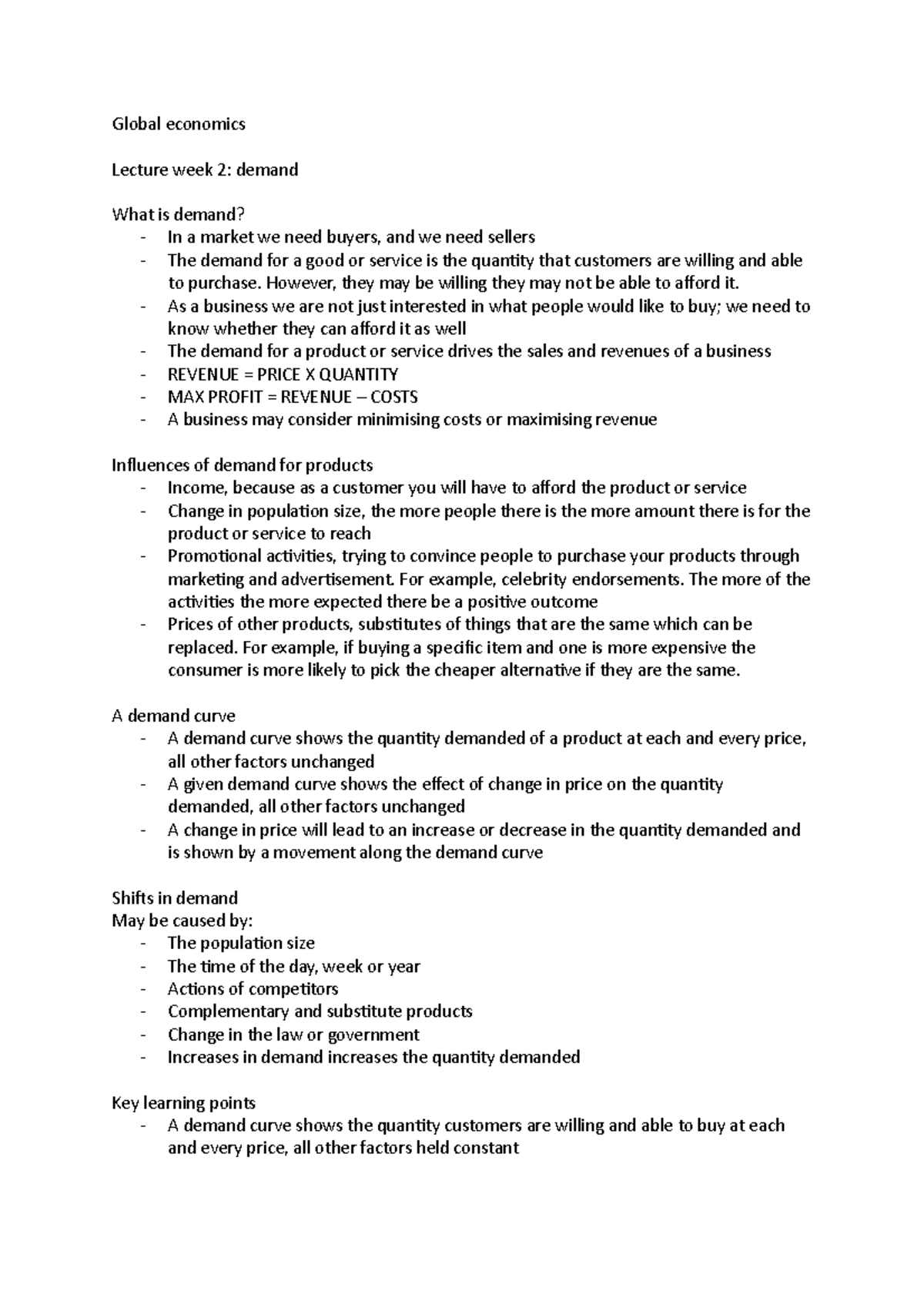 Global Economics Demand Global Economics Lecture Week 2 Demand 