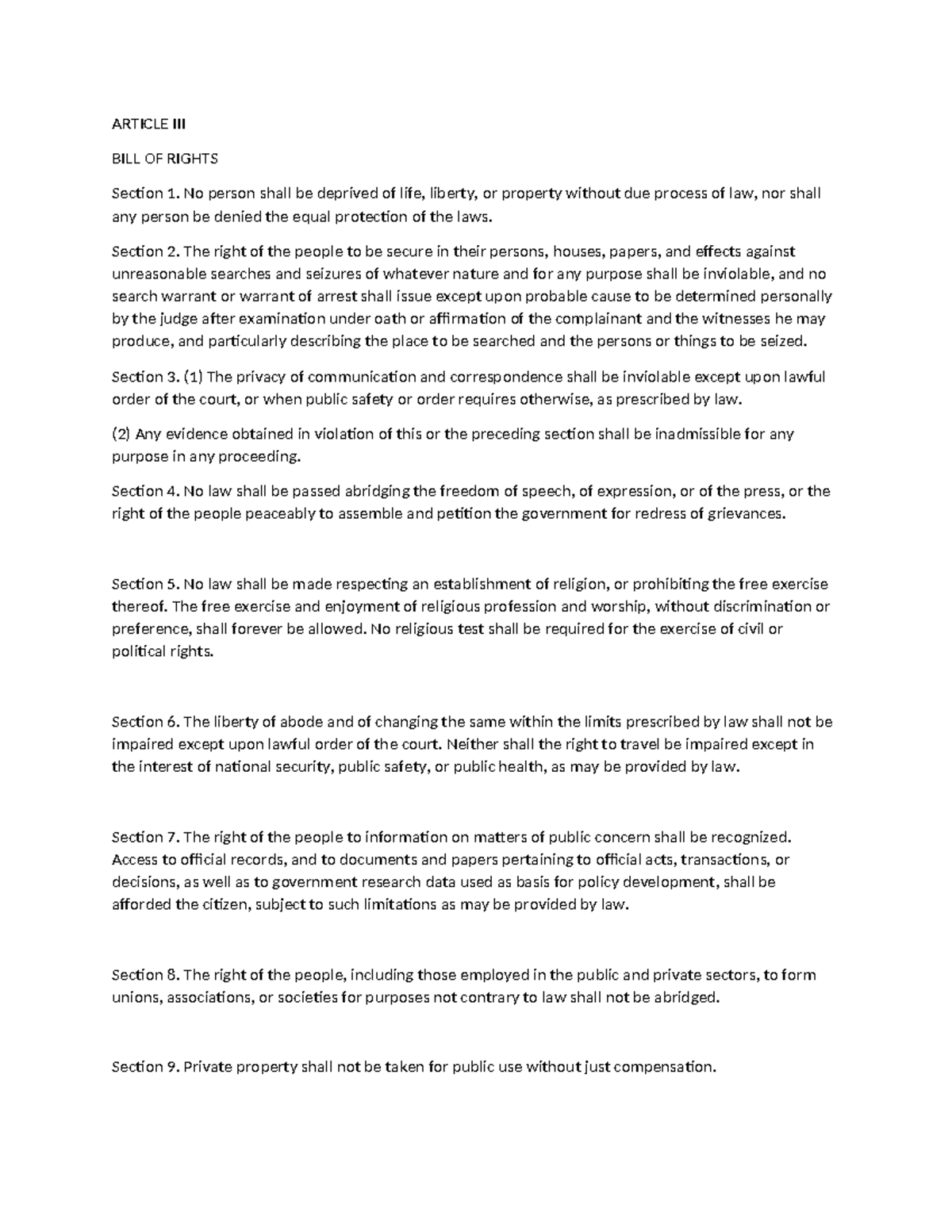 Bill of Rights - Bill of right documents - ARTICLE III BILL OF RIGHTS ...