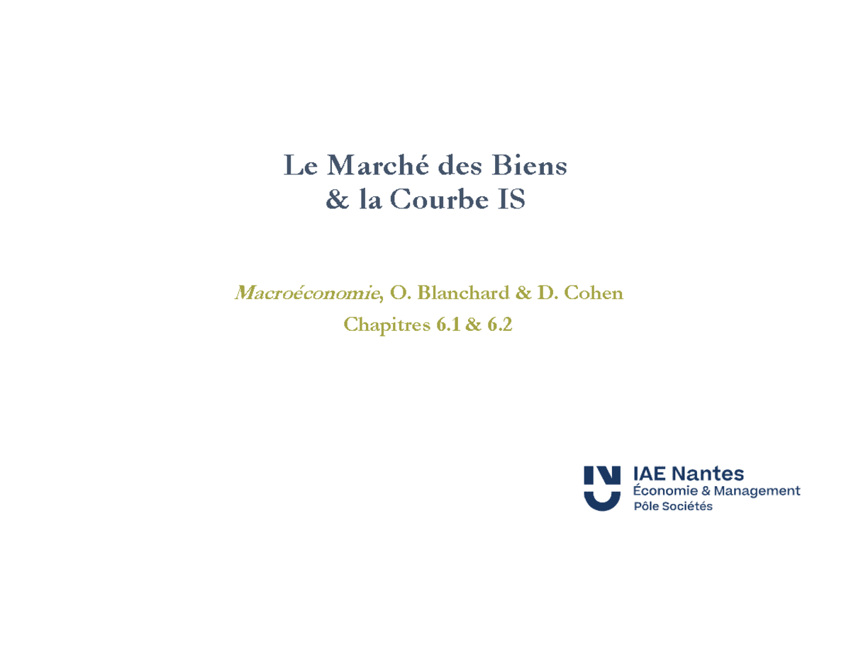 Ch2 IS - Chapitre 2 macroéconomie L1 - Le Marché des Biens & la Courbe ...