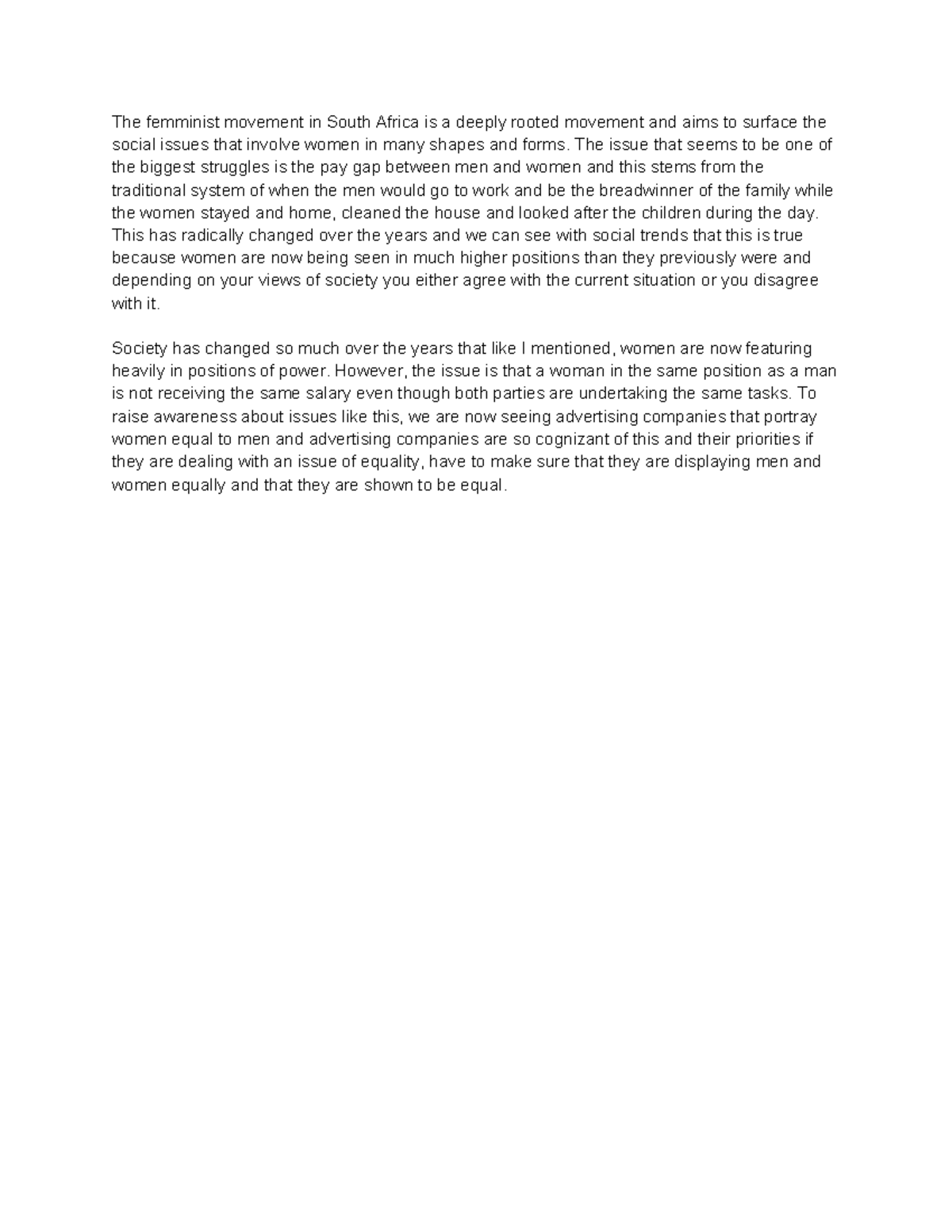 The femminist movement in South Africa - The issue that seems to be one ...