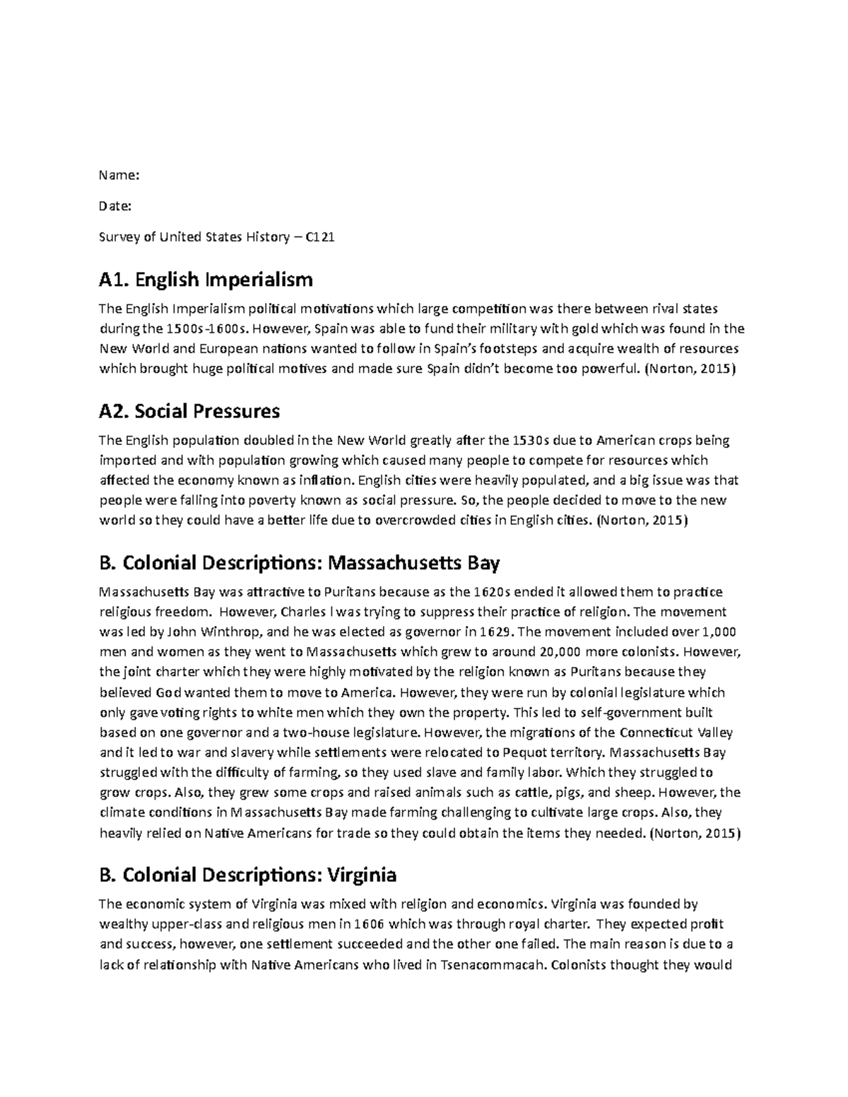 SURVEY OF UNITED STATES HISTORY — C121 - BVM2 — BVM TASK 1 - Name: Date ...