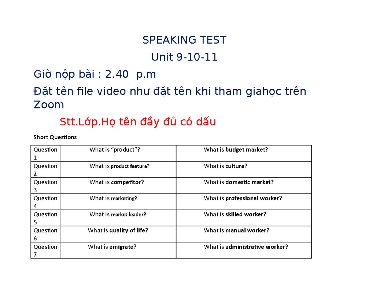 Unit 9-10-11-Speaking test and anwer the question - SPEAKING TEST Unit ...