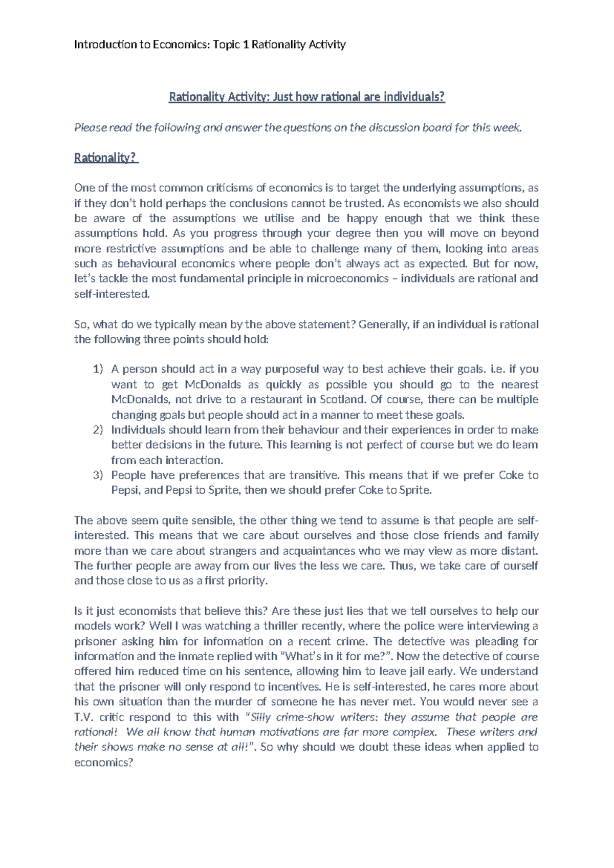 4. Rationality Activity - Introduction to Economics: Topic 1 ...