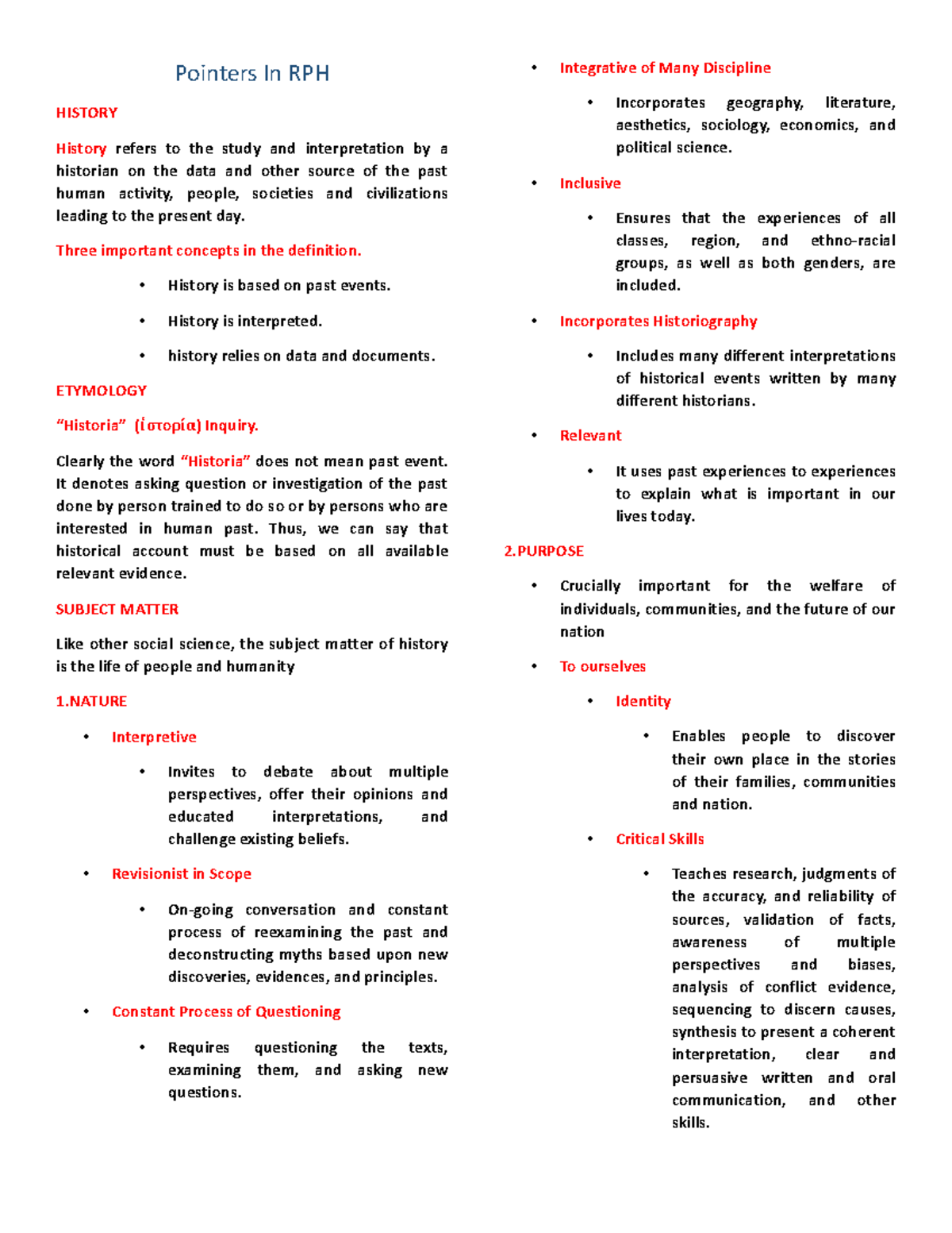 Rph - key ideas - Pointers In RPH HISTORY History refers to the study ...