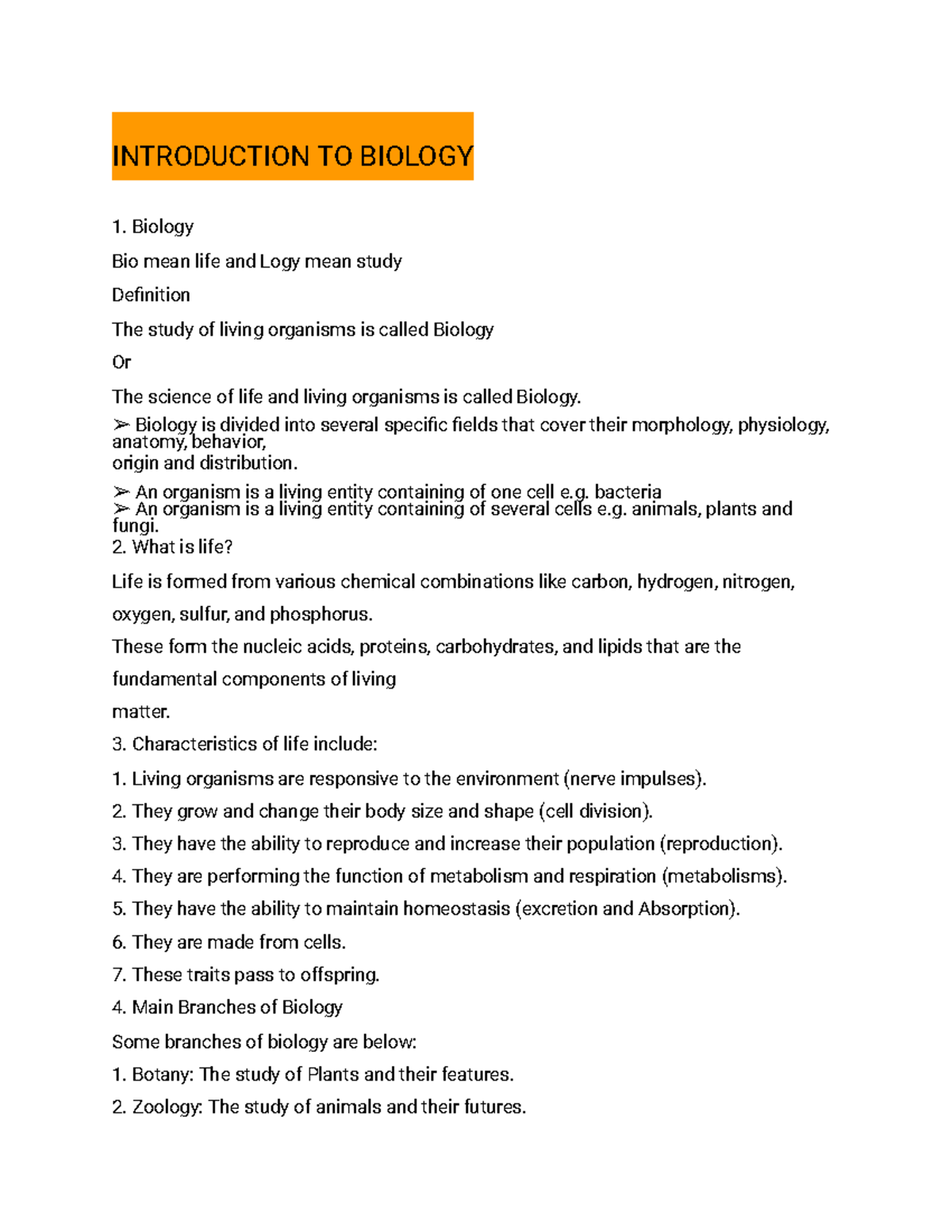 Introduction TO Biology 1 - INTRODUCTION TO BIOLOGY Biology Bio mean ...