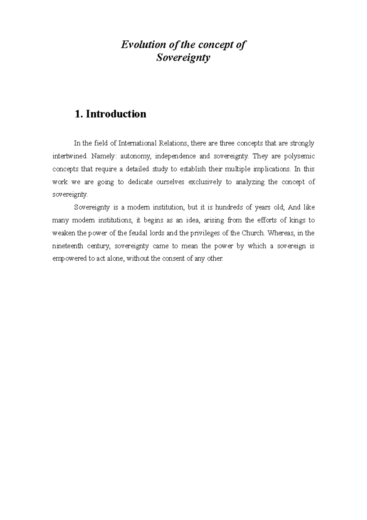 Evolution of the concept of Sovereignty - Introduction In the field of ...
