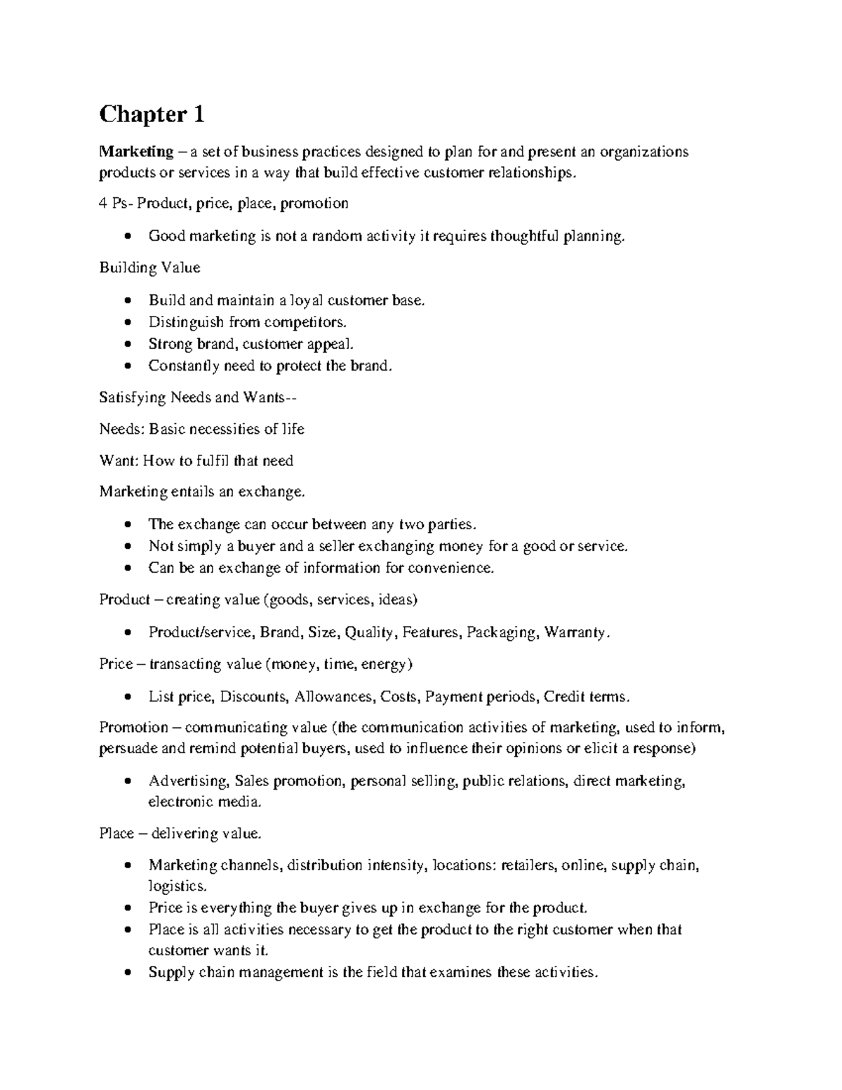 Marketing Notes - For midterm - Chapter 1 Marketing – a set of business ...