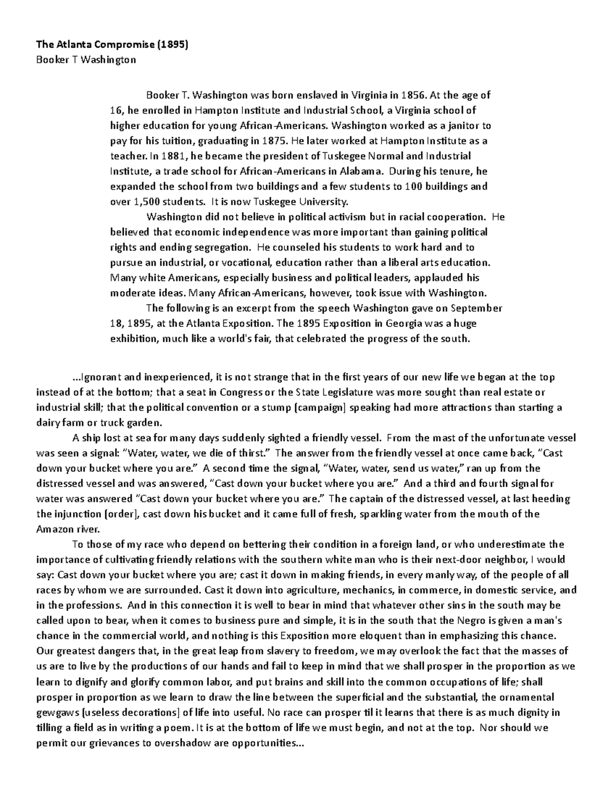 Booker t web reading and questions - The Atlanta Compromise (1895 ...