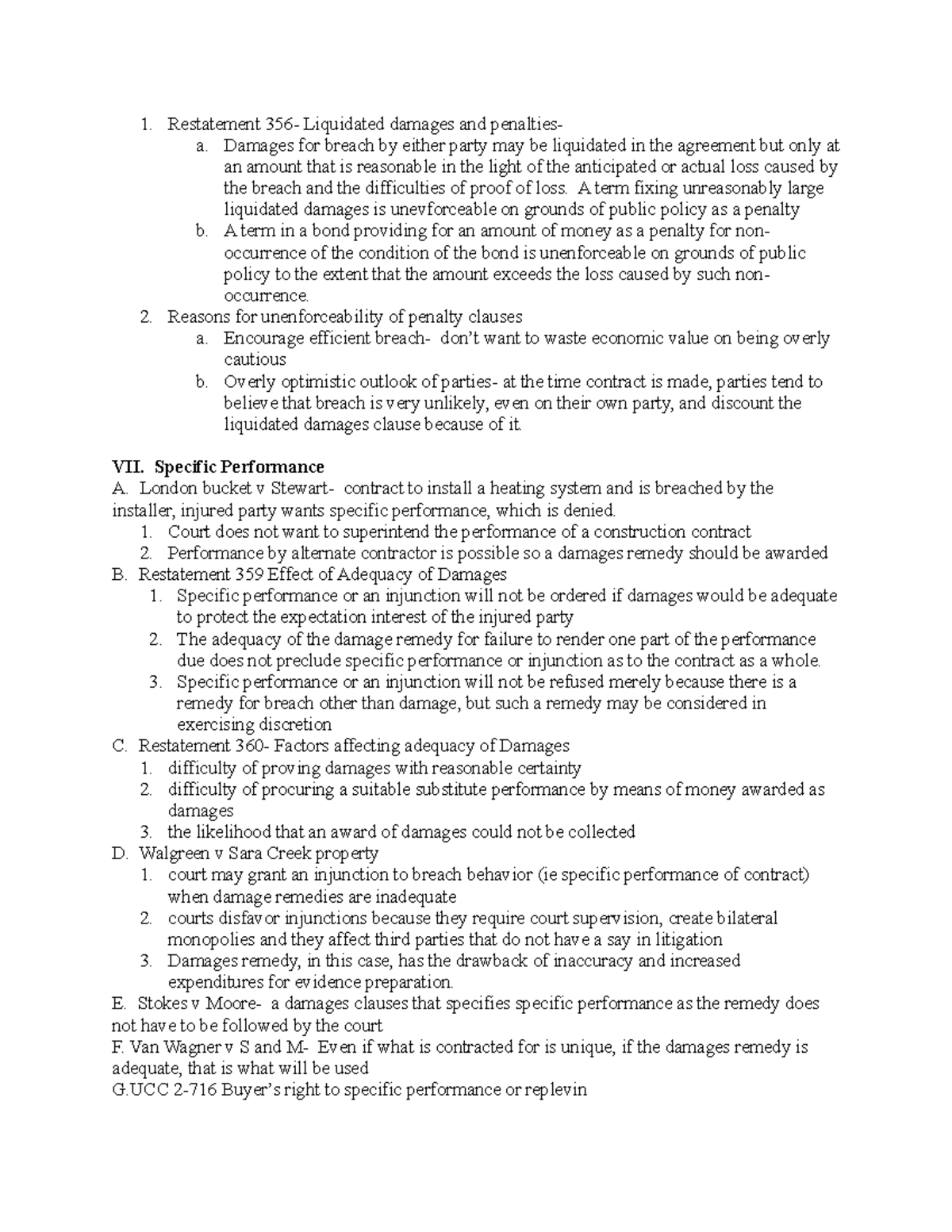 Contracts Law Outline - 2 - Restatement 356- Liquidated damages and ...