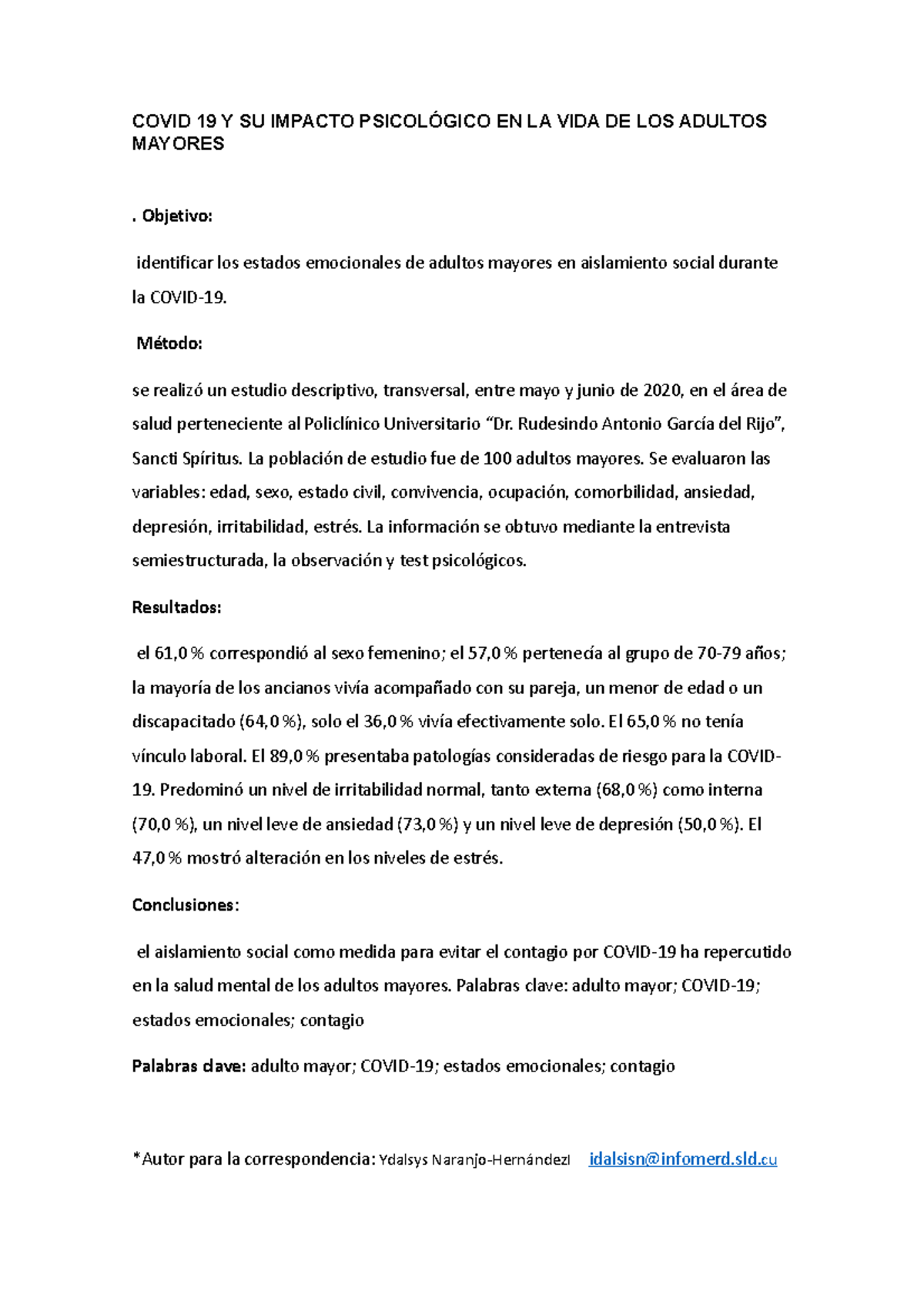 Covid 19 Y SU Impacto Psicológico EN LA VIDA DE LOS Adultos Mayores ...