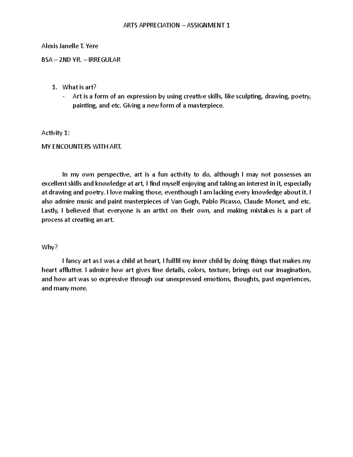 Arts App Ass. 1 - Gffdddd - ARTS APPRECIATION – ASSIGNMENT 1 Alexis ...