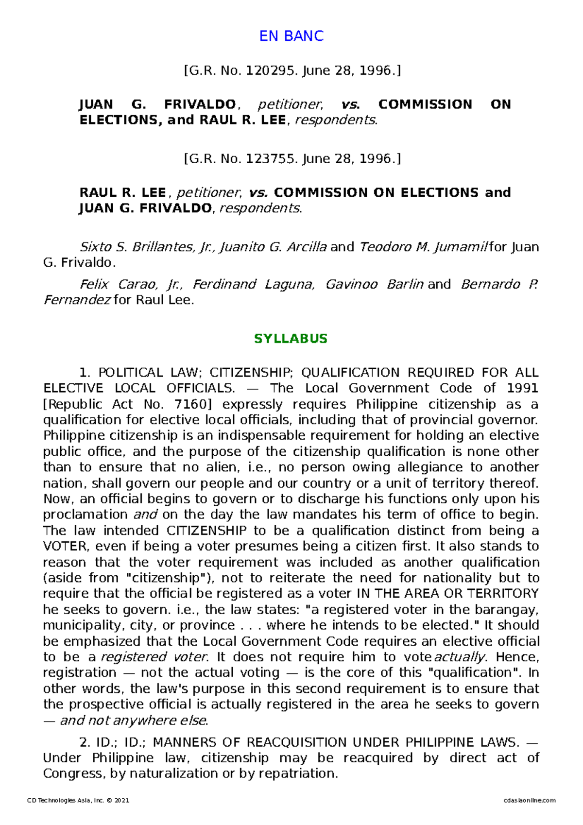  5 Frivaldo V Comelec EN BANC G No 120295 June 28 1996 JUAN 