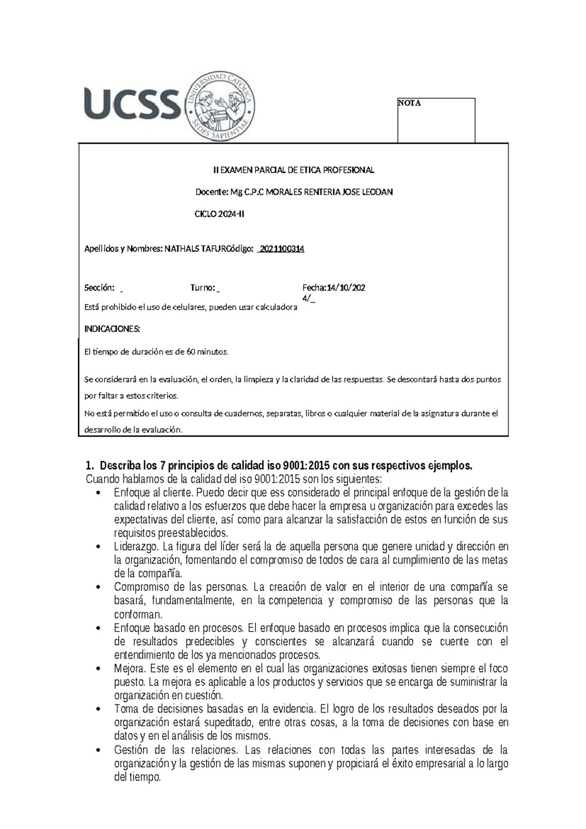 II Examen Parcial DE Etica Profesional - 1. Describa los 7 principios ...