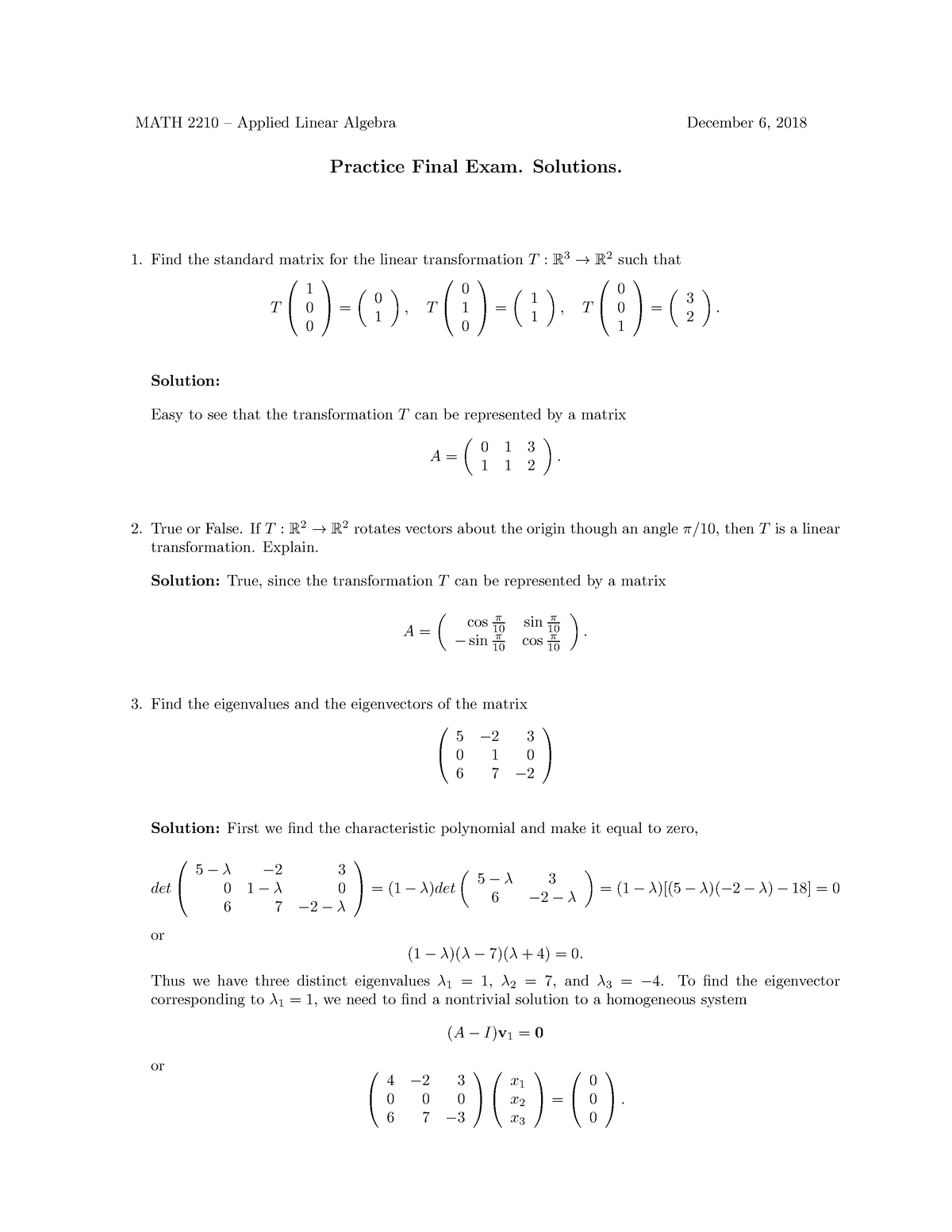 Exam Final Practice 2018 Sol - MATH 2210 – Applied Linear Algebra ...