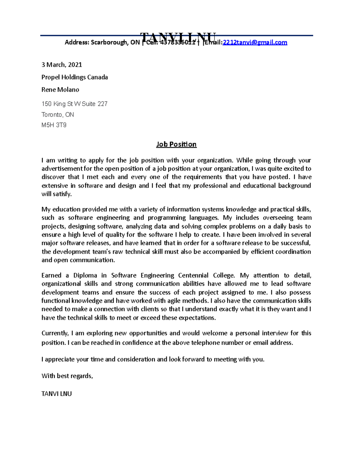 Tanvi LNU Cover Letter - TANVI LNU 3 March, 2021 Propel Holdings Canada ...