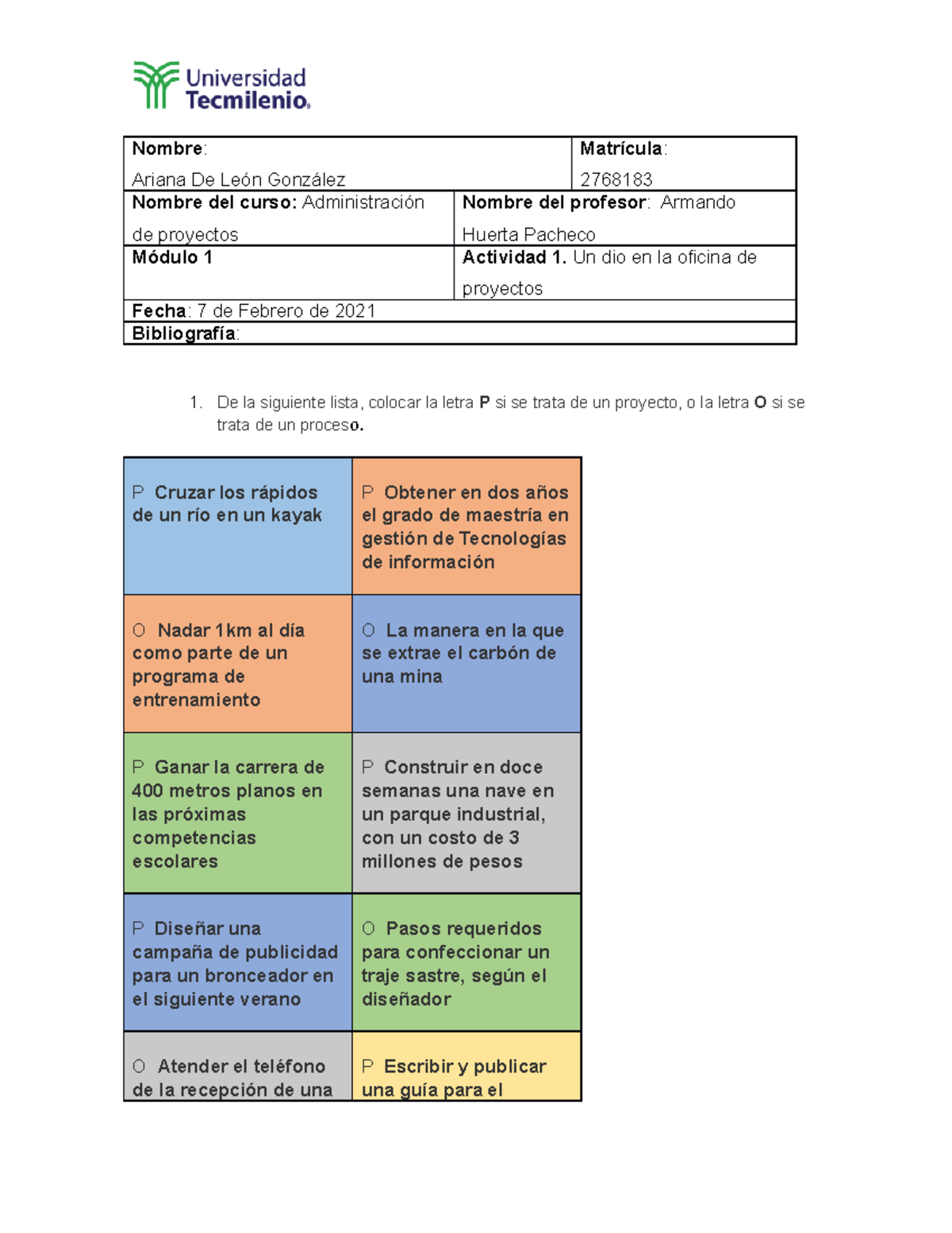 Actividad 1- Administracion De Proyectos - Nombre : Ariana De León ...