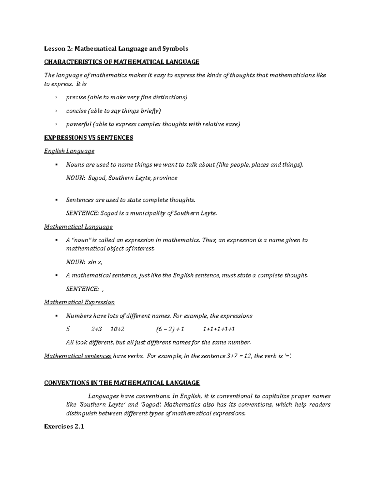 Lesson 2 - Mathematical Language - It is › precise (able to make very ...