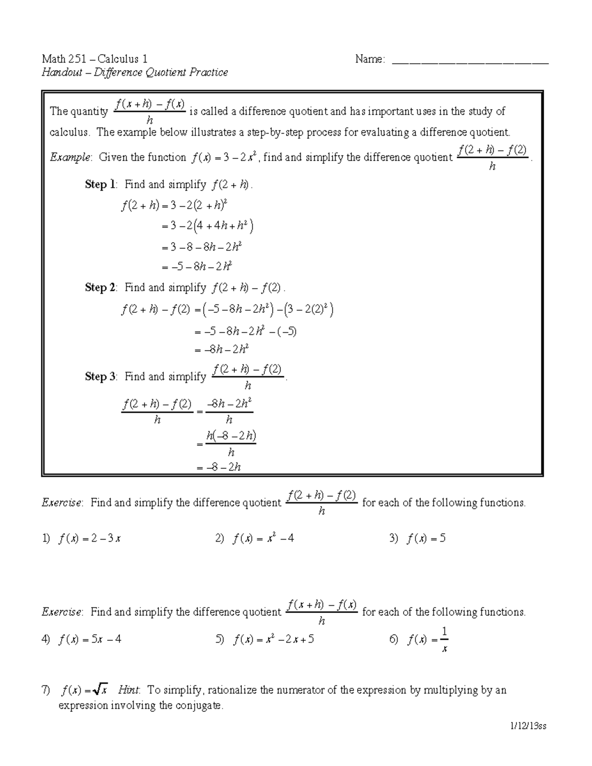39 Difference Quotient Worksheet With Answers Worksheet For Fun