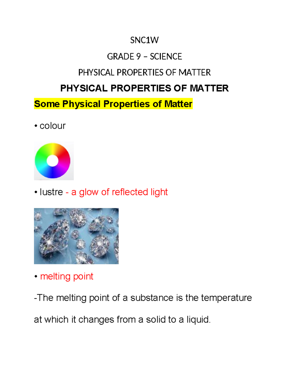 1-notes-physical Properties Of Matter-part-2 - Snc1w Grade 9 – Science 