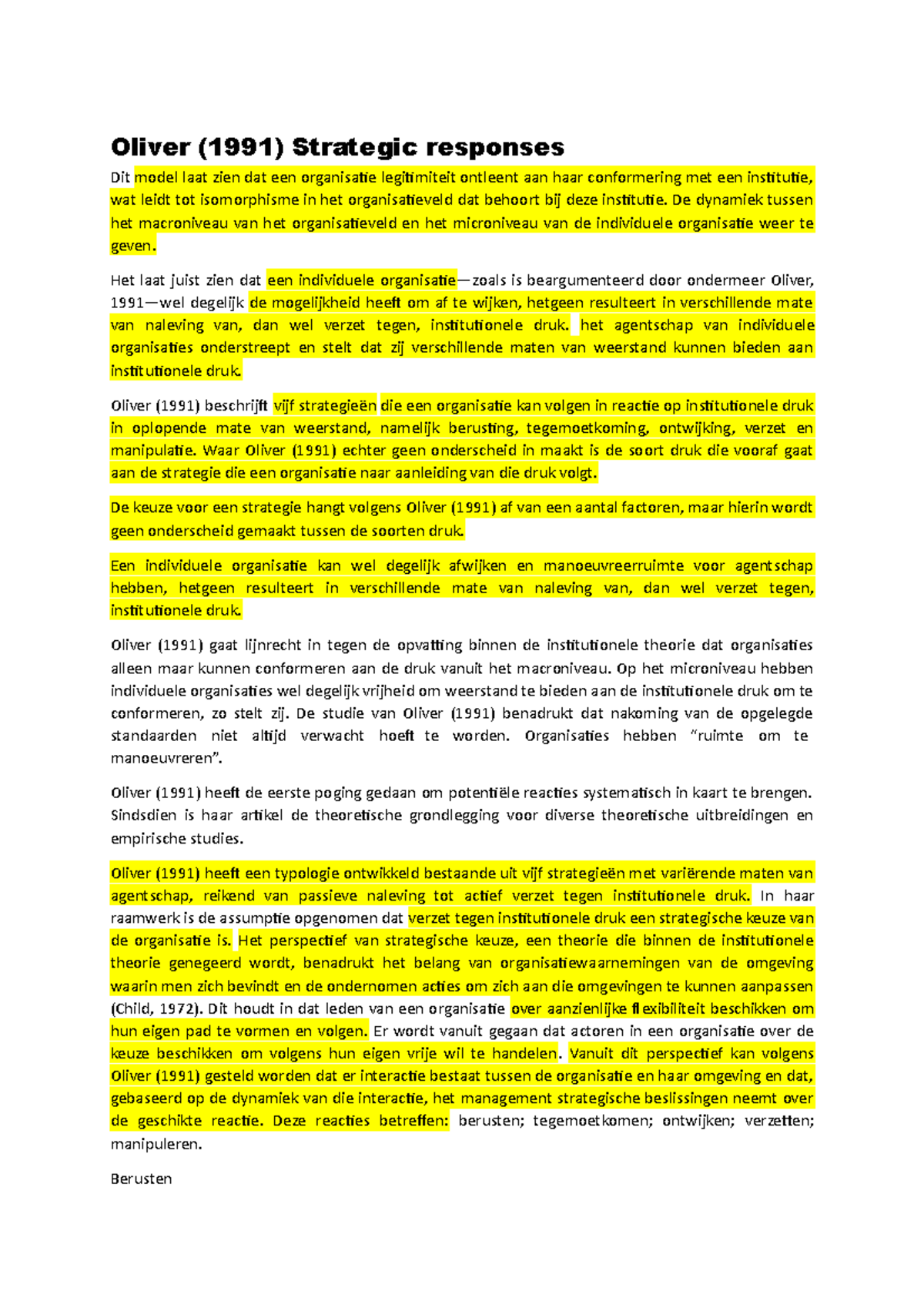 Beleidspraktijk - Oliver 1991 - Oliver (1991) Strategic responses Dit ...
