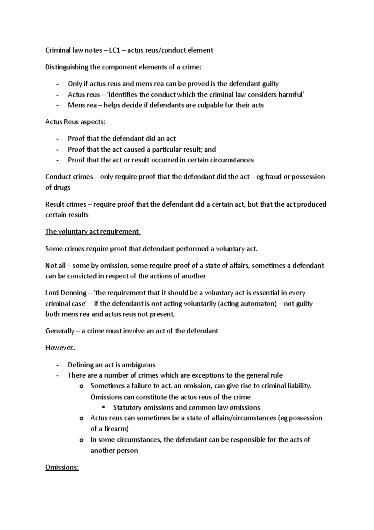 Criminal Law Notes - Actus Reus (LC1) - Criminal Law Notes – LC1 ...