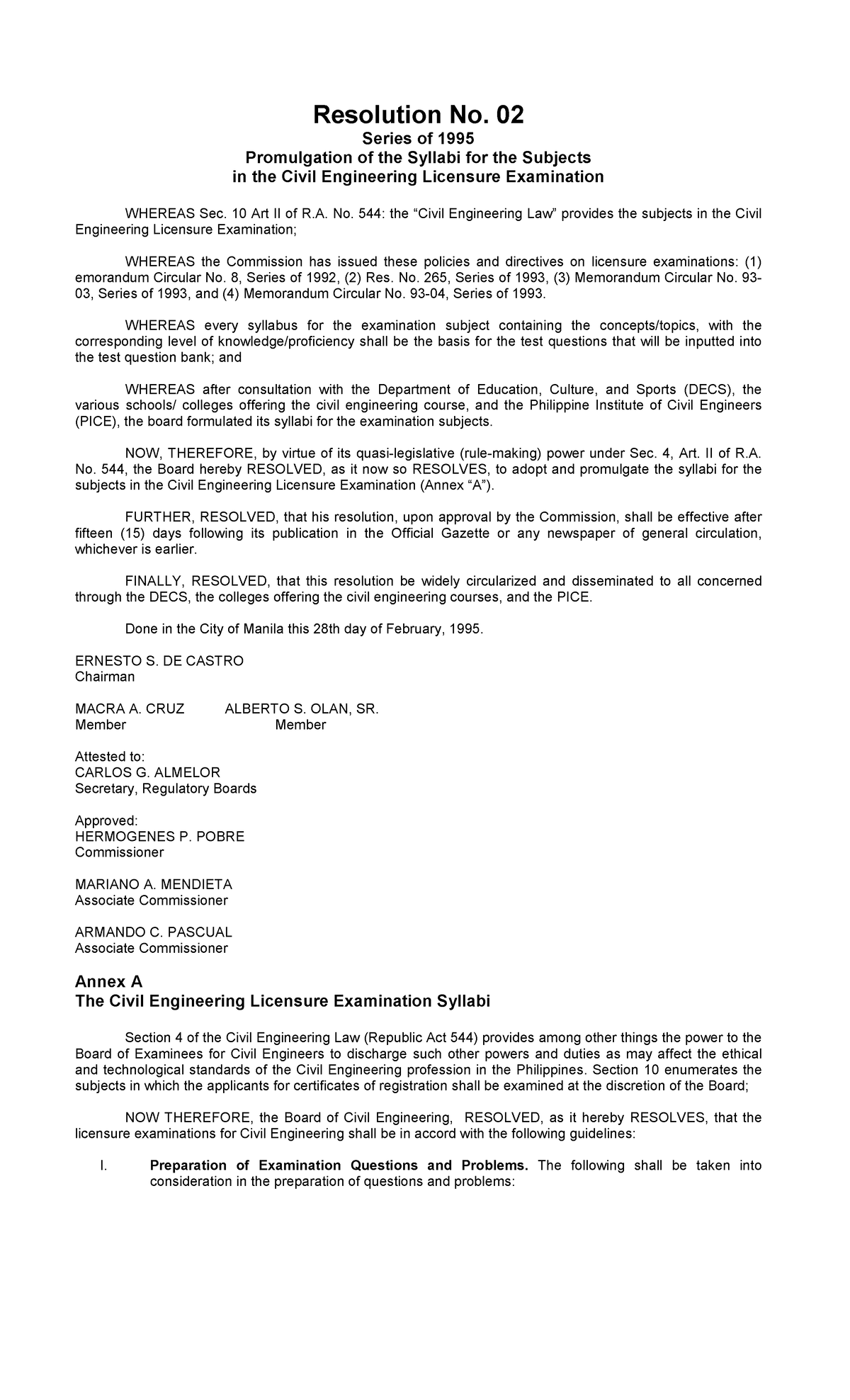 Board of Civil Engineering-SB - Resolution No. 02 Series of 1995 ...