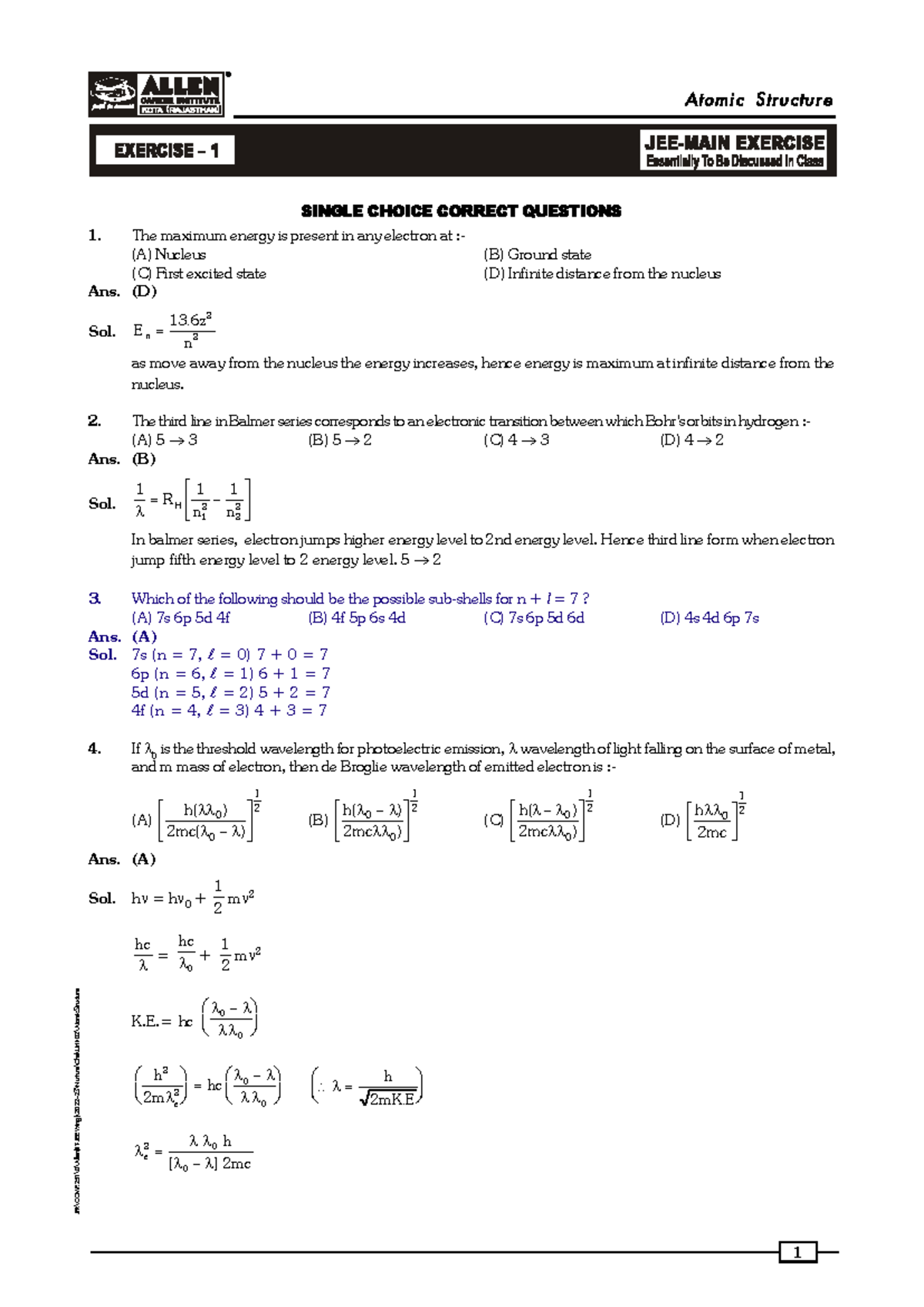 Atomic Structure - JEE MAIN PYQ - At omi c S tru ctu re JPR\COMP\D ...