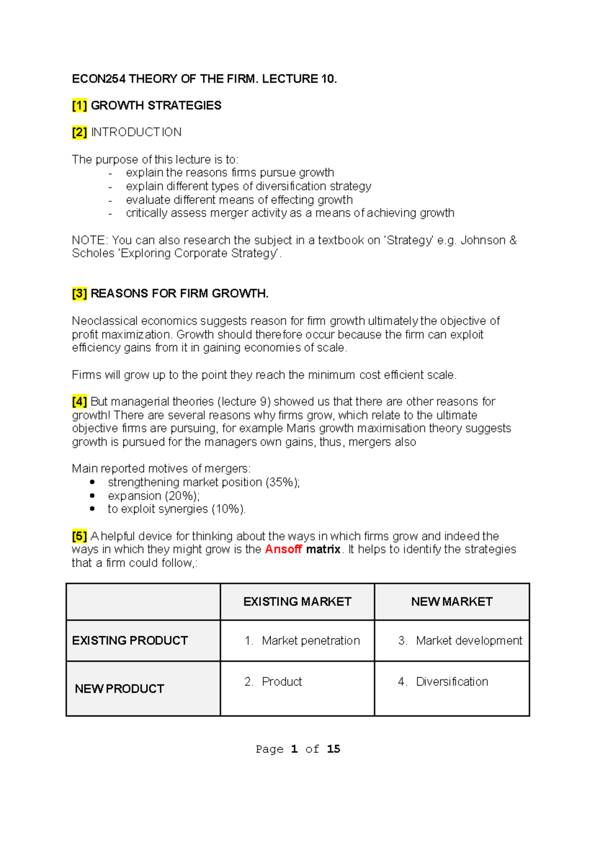 ECON254 Lecture 10 Growth Notes - ECON254 THEORY OF THE FIRM. LECTURE ...