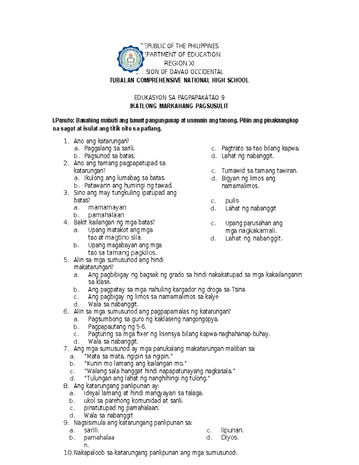 Esp 9 3rd Quarter Exam Republic Of The Philippines Department Of Education Region Xi Division