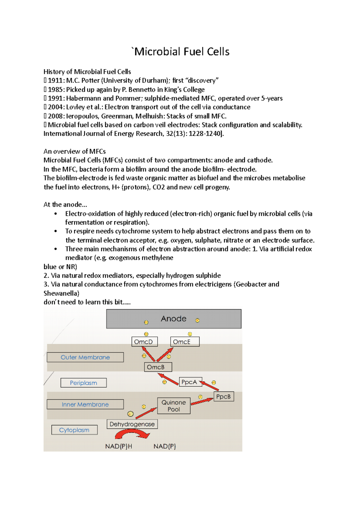 Microbial Fuel Cells Lecture notes Semester 2 of 2nd year