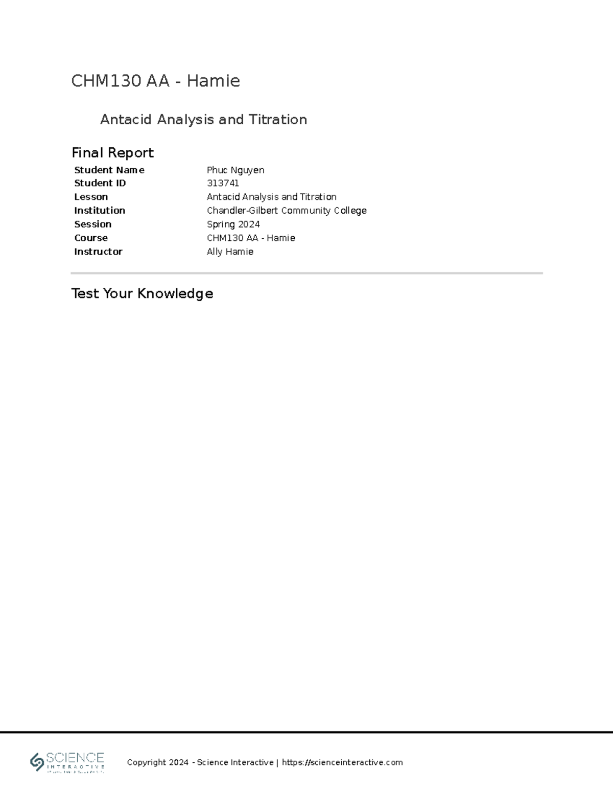 CHM130AA Antacid Analysis and Titration 313741 - Student Name Phuc ...