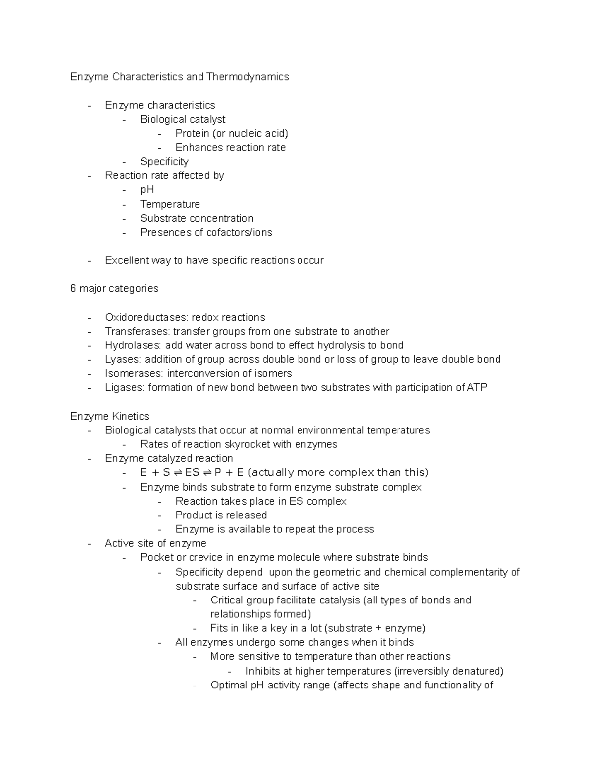 BIOC 3021 Lecture 6 Notes - Enzyme Characteristics And Thermodynamics ...