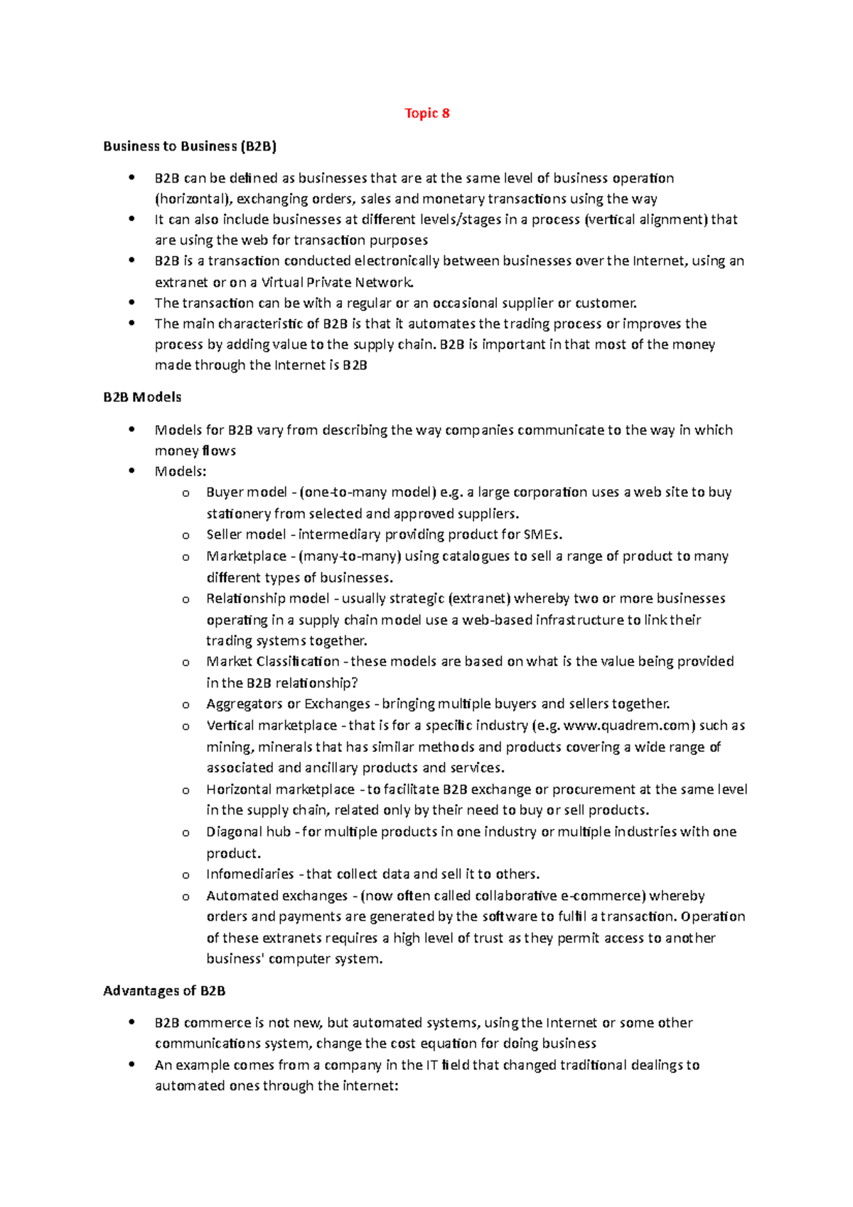 Topic 8 - Lecture Notes - Topic 8 Business to Business (B2B) B2B can be ...