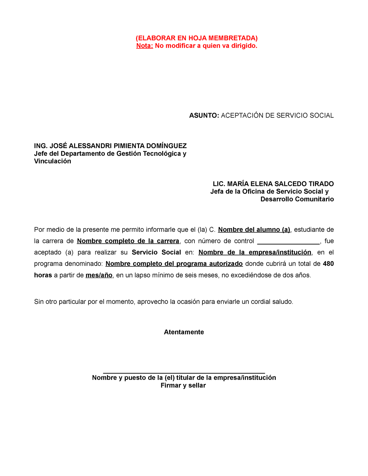 3 Carta De Aceptación De Servicio Social Elaborar En Hoja Membretada Nota No Modificar A 7225