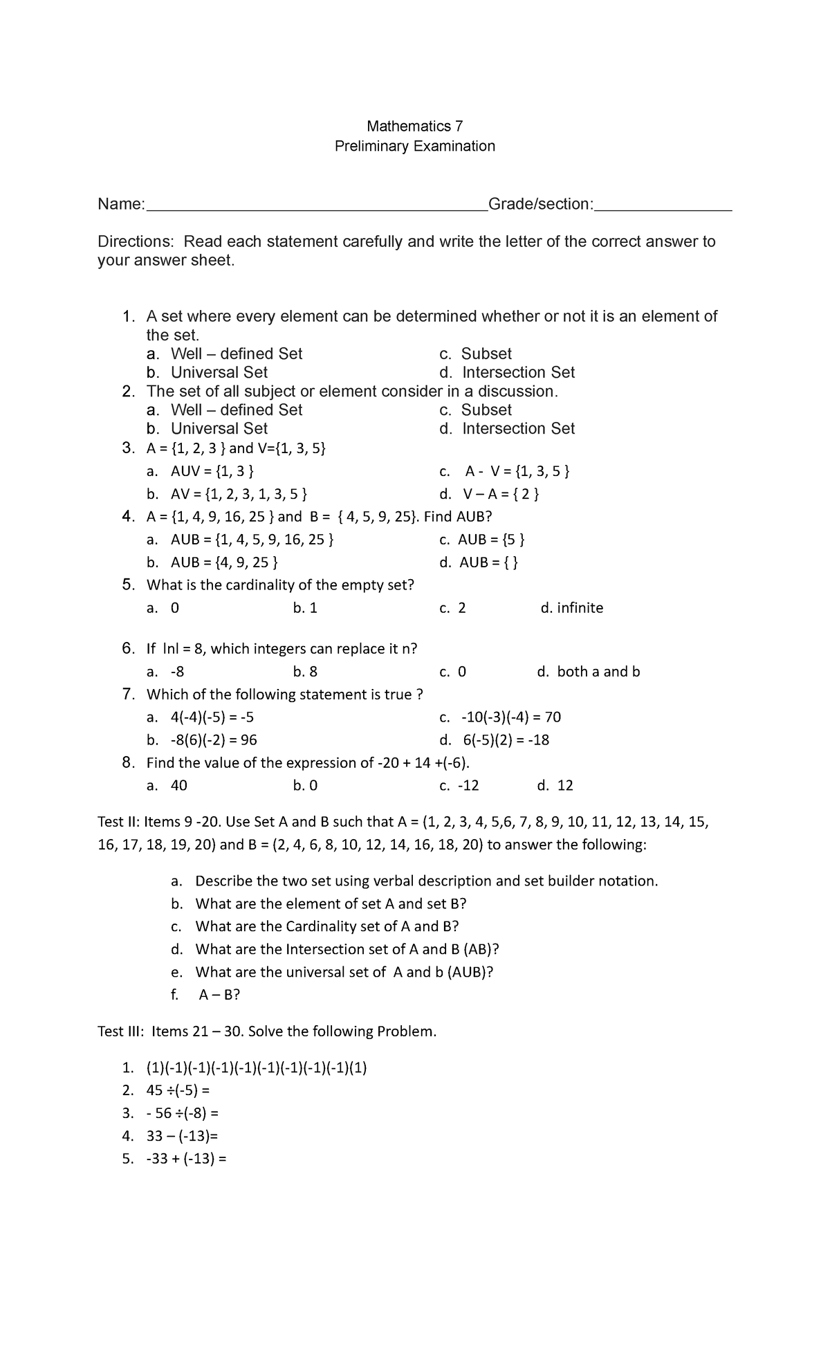 Grade 7 Prelem - Assessment - Mathematics 7 Preliminary Examination 