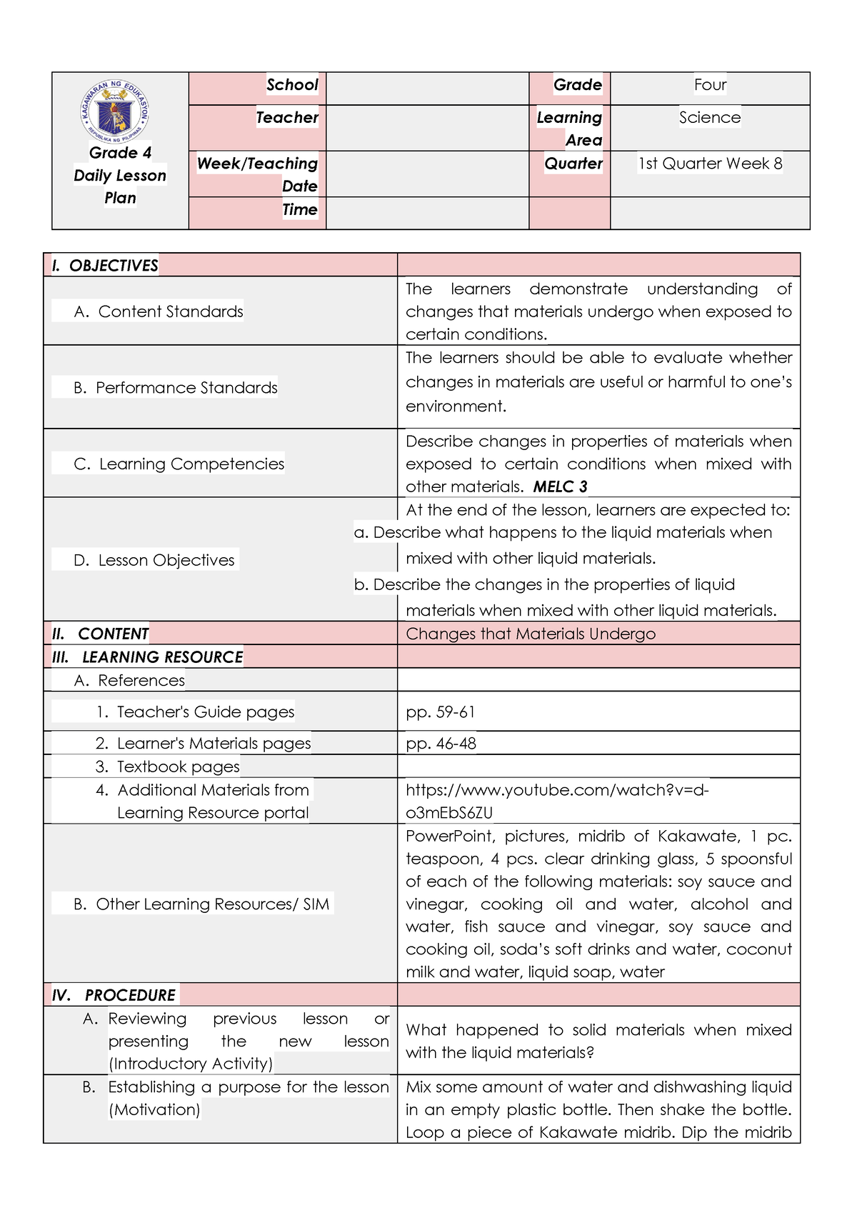 COT- Science 4 Q1 W7 - Sample COT - Grade 4 Daily Lesson Plan School ...