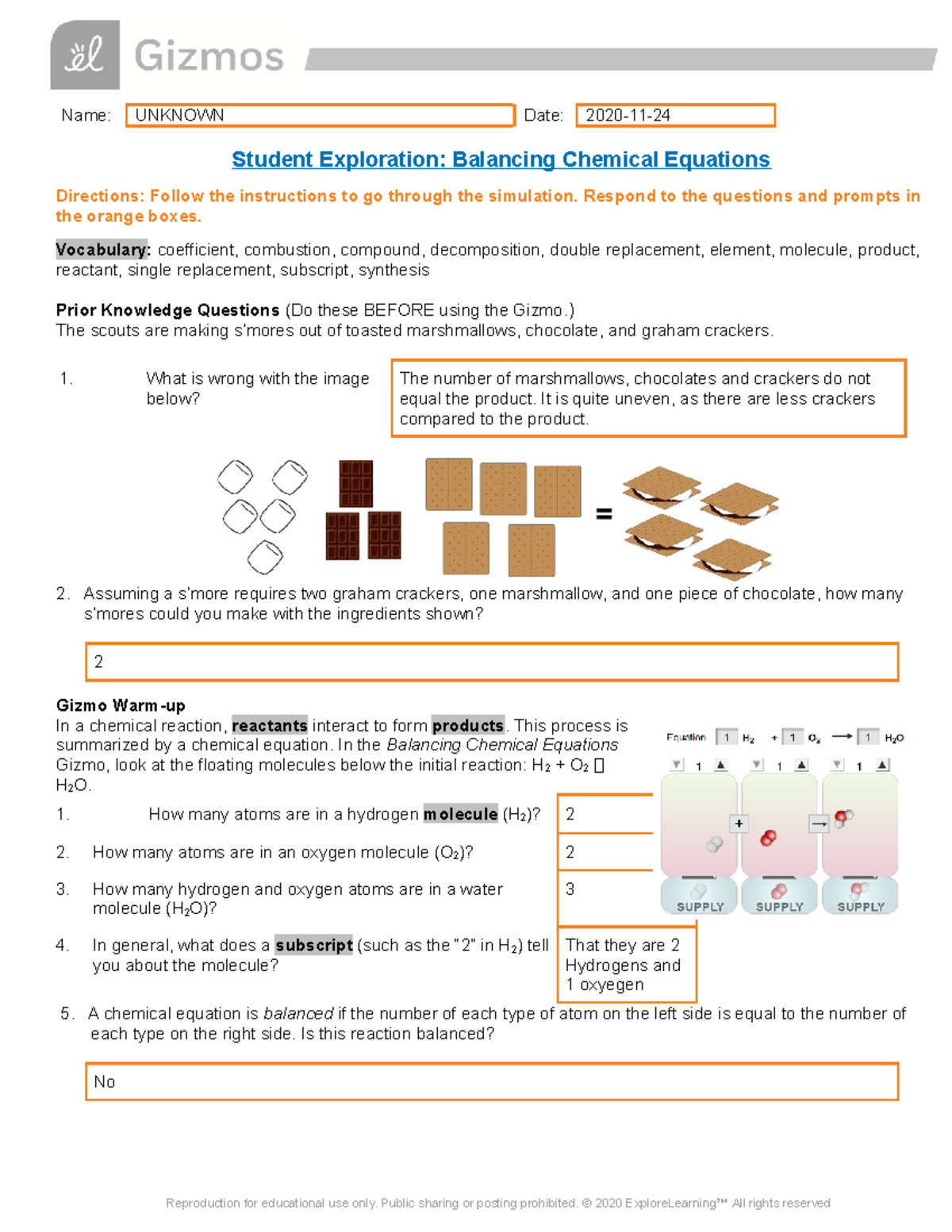 Balancing Chem Equations Gizmo - Name: UNKNOWN Date: Student ...