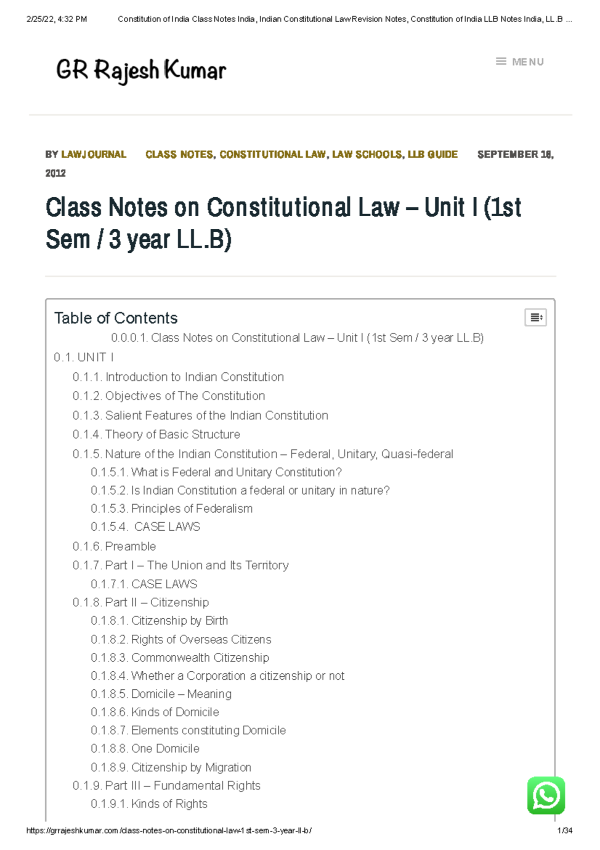 Constitution of India Class Notes India, Indian Constitutional Law ...