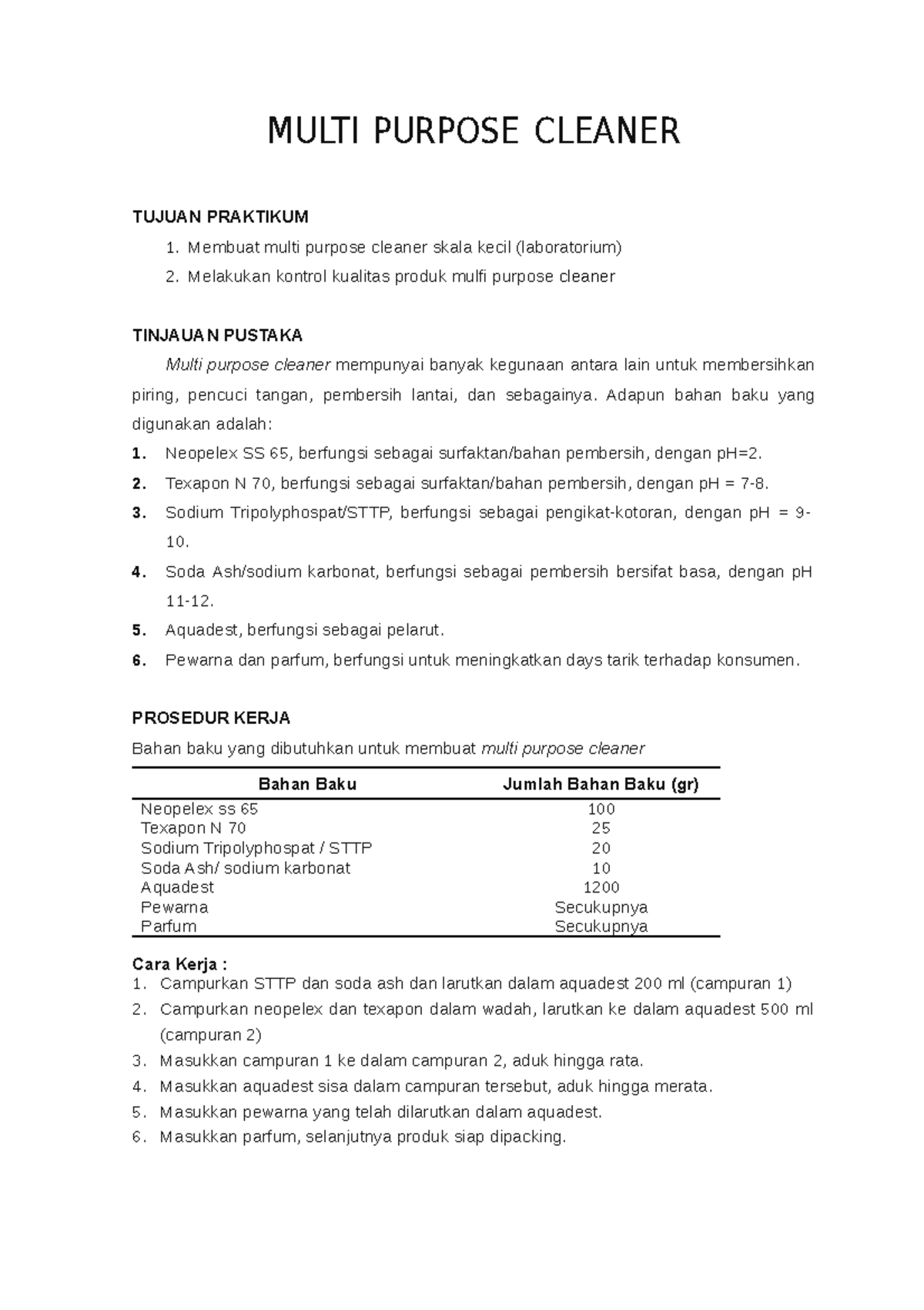 Modul Praktikum Kimia Industri 5 Multi Purpose Cleaner MULTI PURPOSE