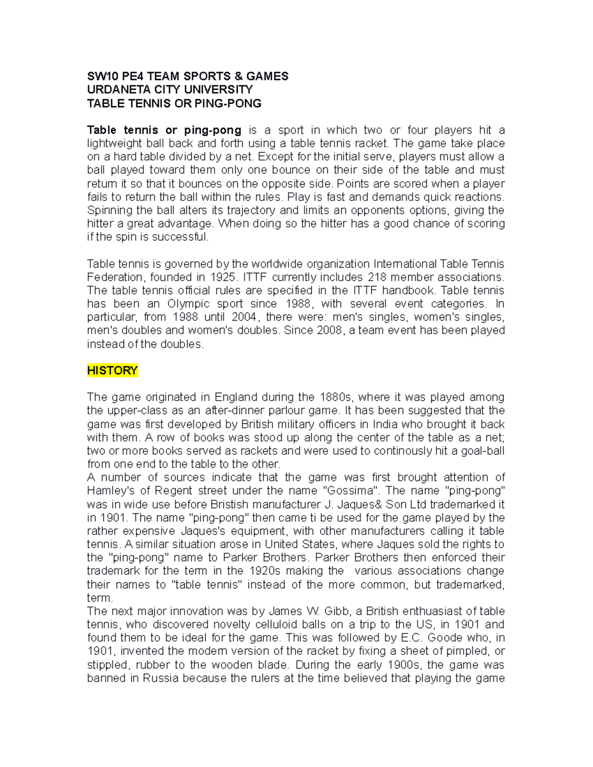 Table Tennis ( Definition, History, Facilities AND Equipments) SW10