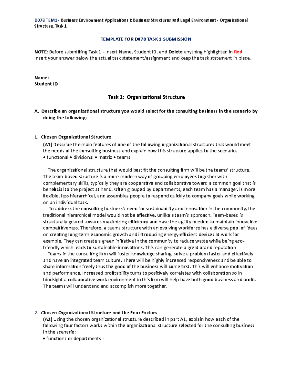 D078 Template for Task 1 - D078 TEM1 - Business Environment ...