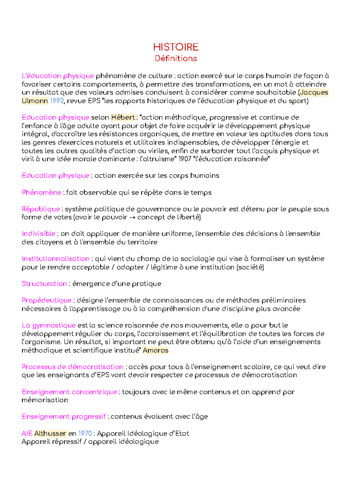 Histoire - Définitions - HISTOIRE Définitions L’éducation physique ...