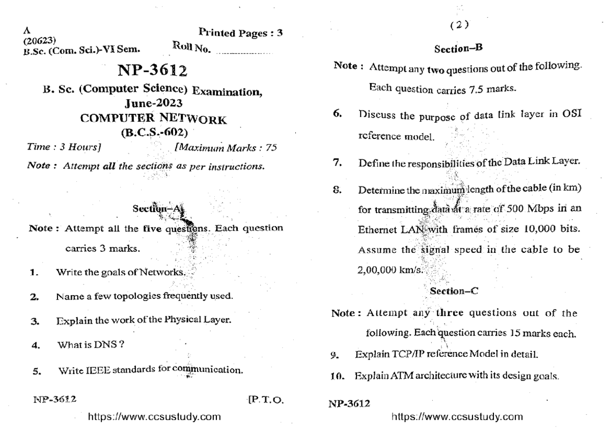 Bsc 6 sem computer science computer network np 3612 jun 2023 - Bachelor ...