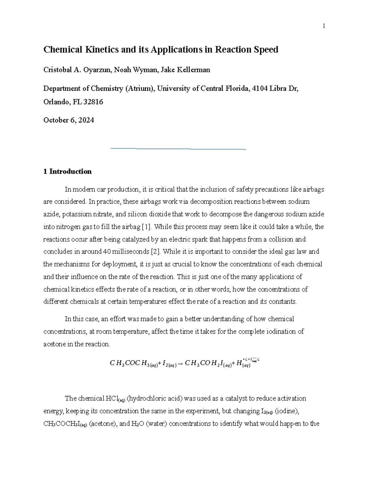 Lab report 1_dude - Chemical Kinetics and its Applications in Reaction ...