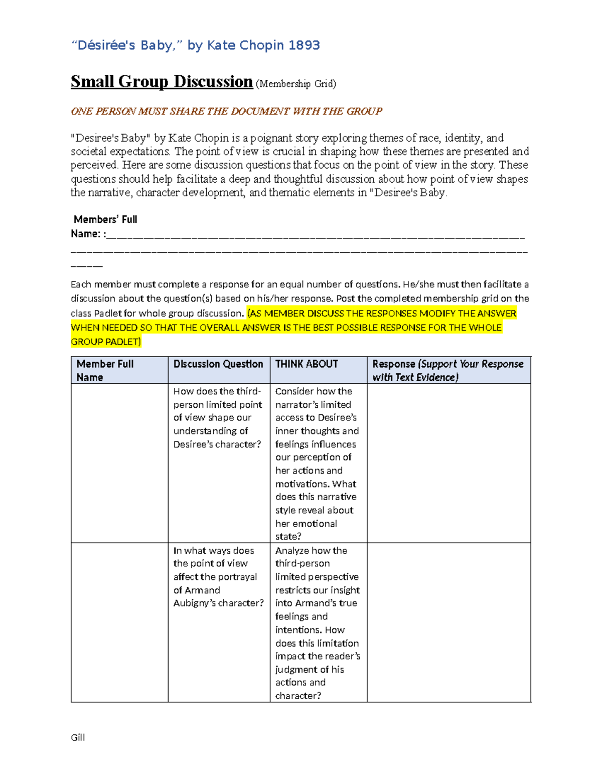 Desiree's+Baby+Small+Group+Discussion+ Membership+GRID - “Désirée's ...