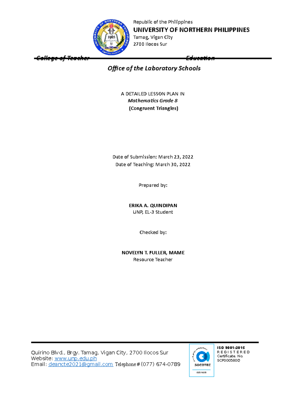 Detailed Lesson Plan in Congruent Triangles (Grade 8) ISO 9001 R E G I S T E R E D