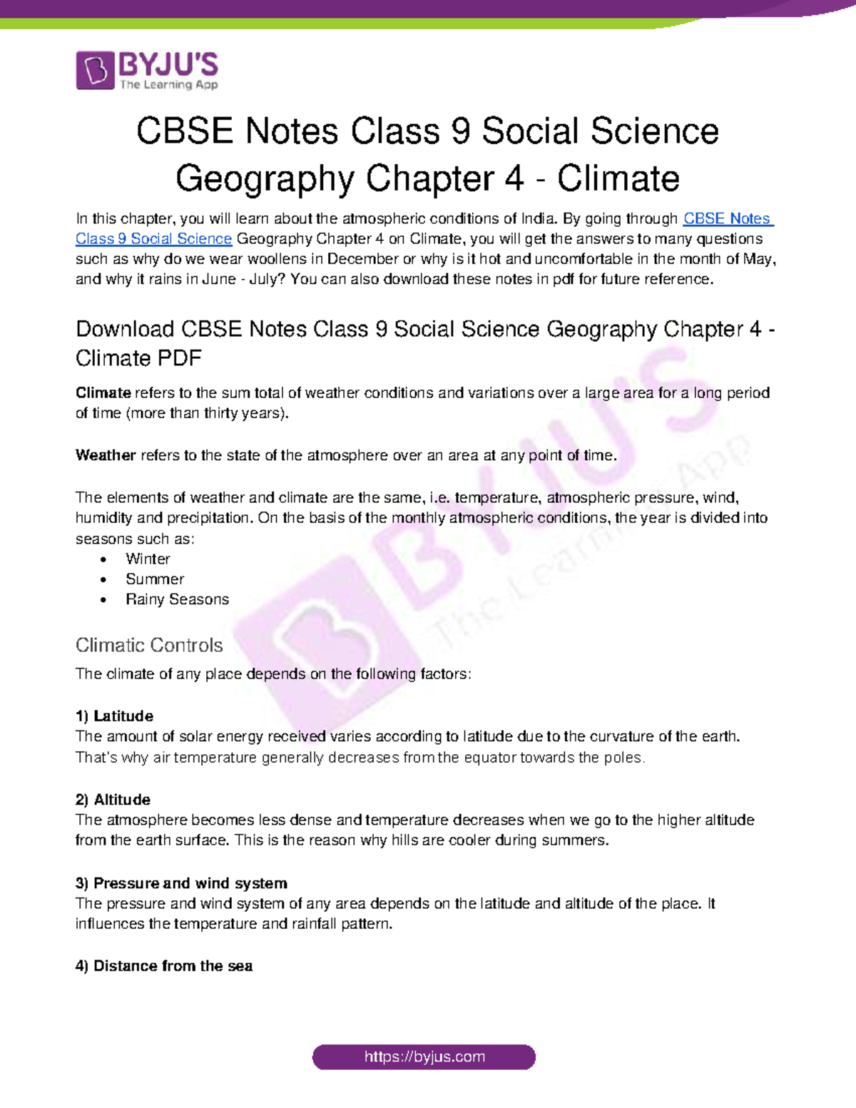 Cbse Notes Class 9 Social Science Geography Chapter 4 Climate By Cbse Notes Class 9 Social Science Geography Chapter 4 Climate By
