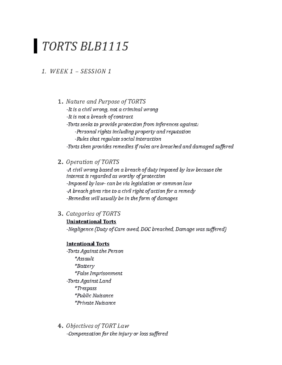 Torts BLB1115 Study Notes Negligence - TORTS BLB 1. WEEK 1 – SESSION 1 ...